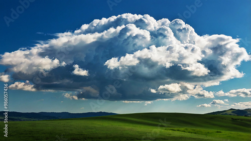 A single fluffy cloud drifts in a clear blue sky, casting a gentle shadow over the rolling green hills below.