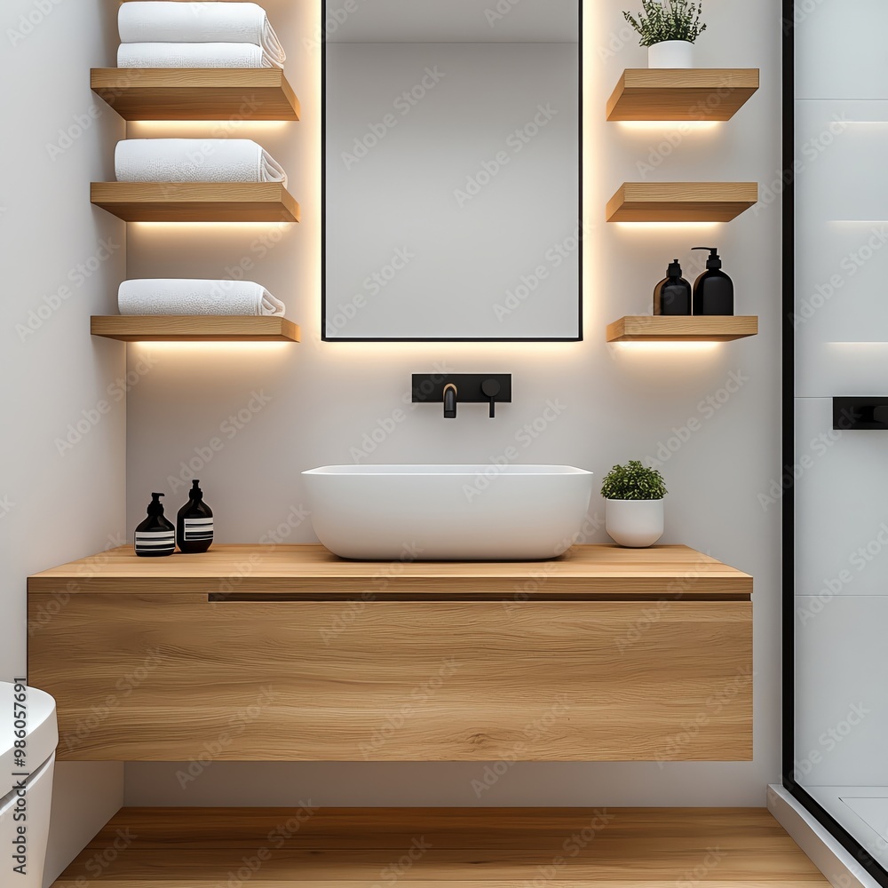 Softly lit minimalist bathroom with wood shelves and floating vanity, minimalist bathroom aesthetic, modern warmth Softly lit minimalist bathroom with wood shelves and floating vanity, minimalist bathroom aesthetic, modern warmth
