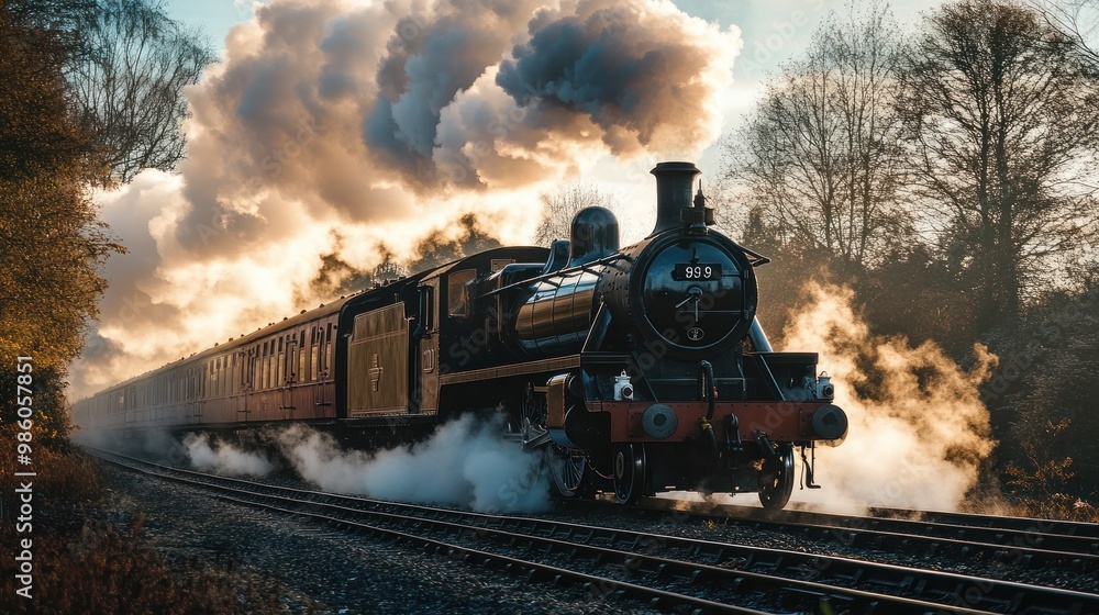 Fototapeta premium A steam train engine chugs along railroad tracks, billowing smoke into the sky.