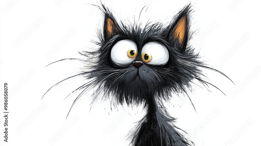 A black cat with big, curious eyes and a messy fur coat. A black cat with big, curious eyes and a messy fur coat.