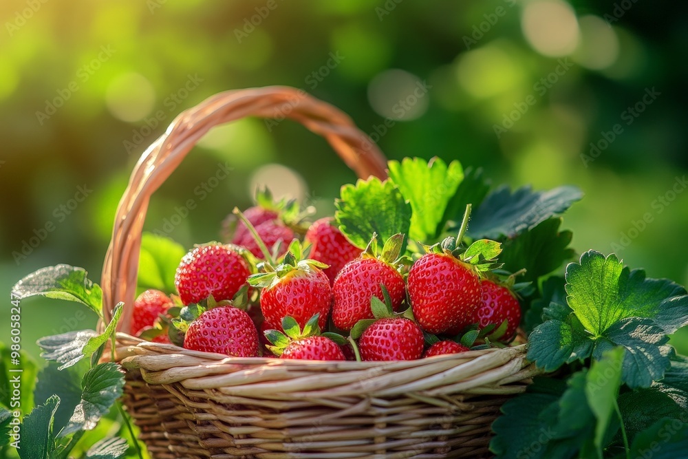 A basket of strawberries freshly picked, their red hues and green leaves contrasting beautifully A basket of strawberries freshly picked, their red hues and green leaves contrasting beautifully