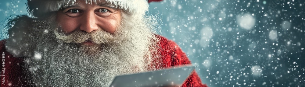 A joyful Santa Claus holding a letter amidst falling snow, embodying the festive spirit of Christmas with warmth and cheer. A joyful Santa Claus holding a letter amidst falling snow, embodying the festive spirit of Christmas with warmth and cheer.