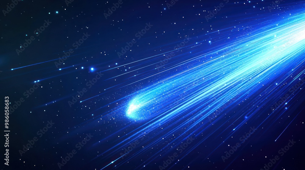 A vibrant depiction of a comet streaking through a starry night sky. A vibrant depiction of a comet streaking through a starry night sky.