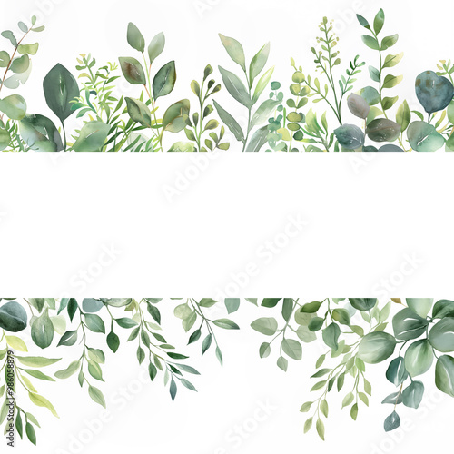 Watercolor illustration of a greenery frame on a white background. Floral watercolor greenery design. Wedding invitation card.