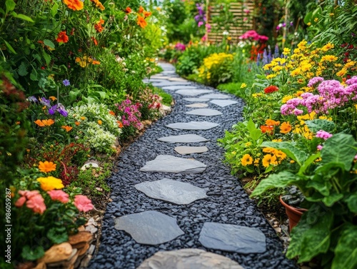 A beautifully designed garden path, lined with vibrant plants and flowers