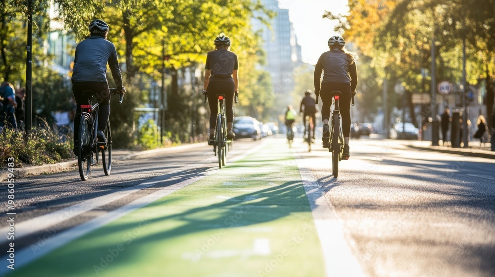 People riding bicycles on a green lane surrounded by trees in an urban setting during a sunny day.
