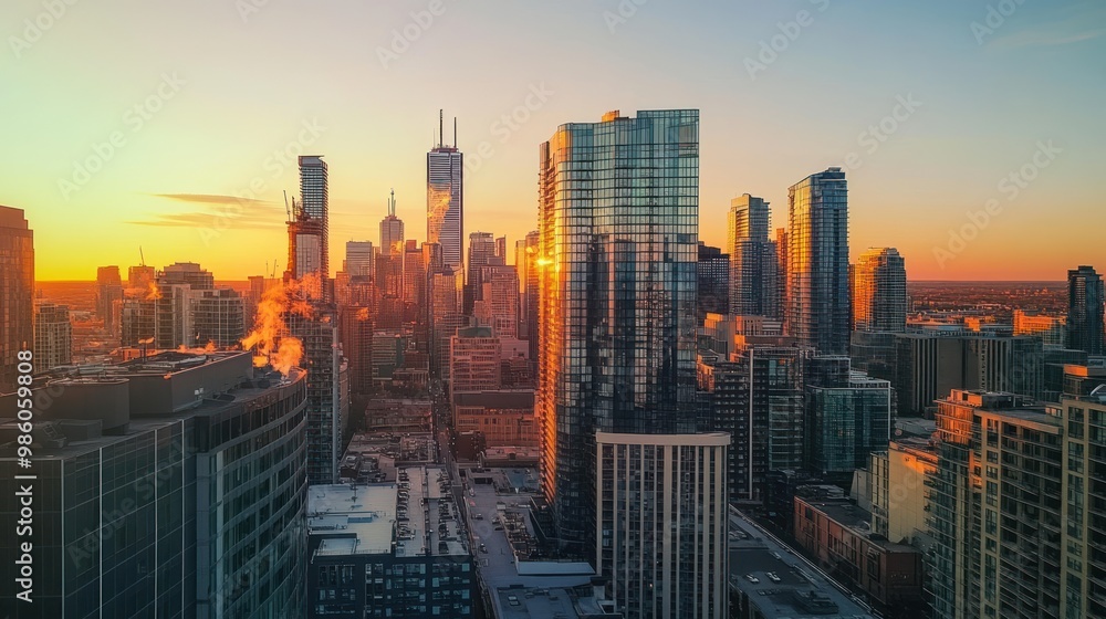 Obraz premium Golden hour cityscape with skyscrapers reflecting the sunset.