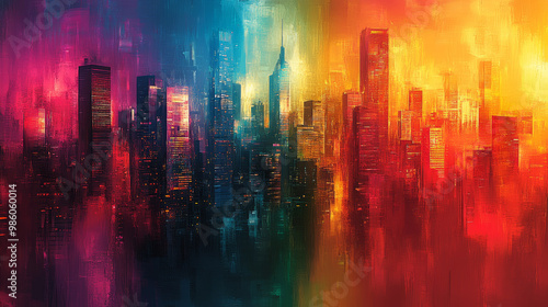 Vibrant cityscape with abstract skyscrapers in shifting colors of blue, orange, and red, creating dynamic and energetic atmosphere