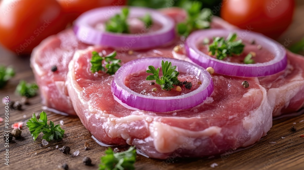 Close-up of raw pork steaks with purple onion rings, parsley, and tomatoes, placed on a wooden surface ready for cooking Close-up of raw pork steaks with purple onion rings, parsley, and tomatoes, placed on a wooden surface ready for cooking