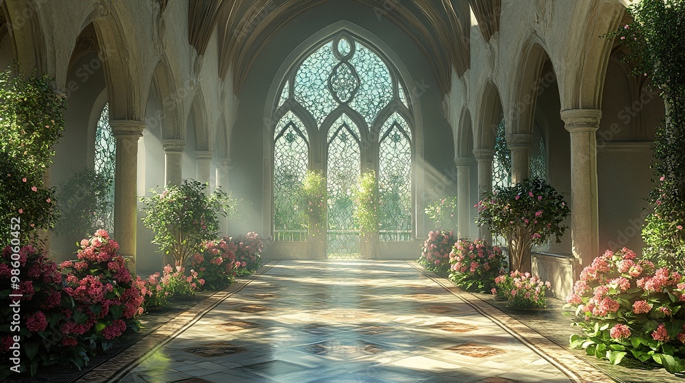 Elegant Hallway with Stained Glass Window and Sunbeams Elegant Hallway with Stained Glass Window and Sunbeams
