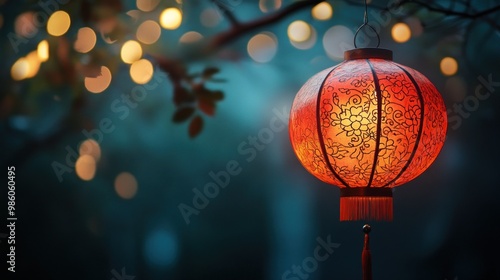 Red Chinese lantern with intricate design hangs from a tree branch with blurred lights in the background.