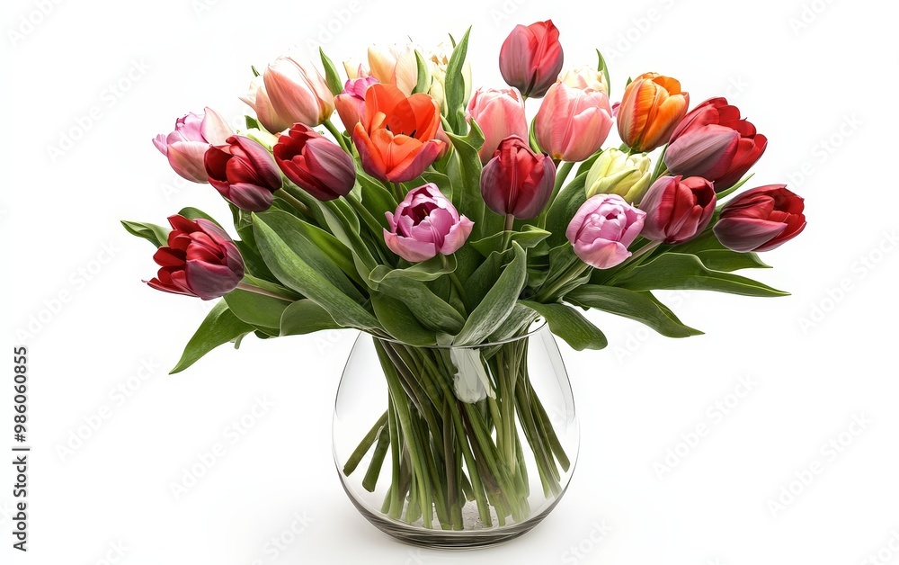 Fototapeta premium A bouquet of tulips arranged in a simple glass vase, radiating freshness