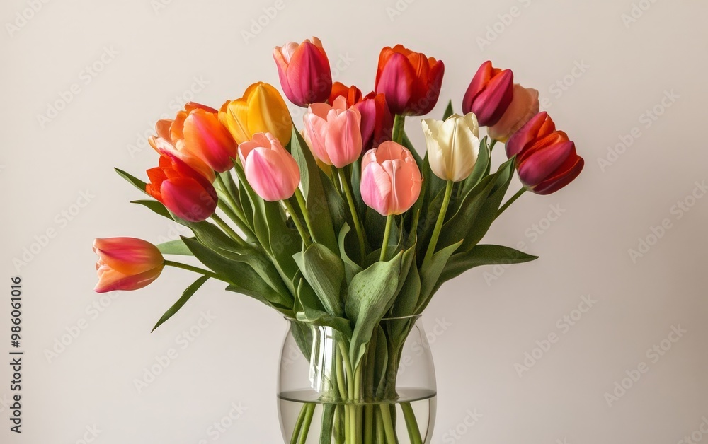 A bouquet of tulips arranged in a simple glass vase, radiating freshness A bouquet of tulips arranged in a simple glass vase, radiating freshness