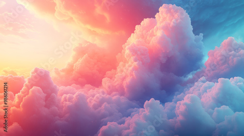 Brightly colored clouds floating over dreamlike landscape create serene and magical atmosphere. vibrant hues evoke feelings of wonder and tranquility