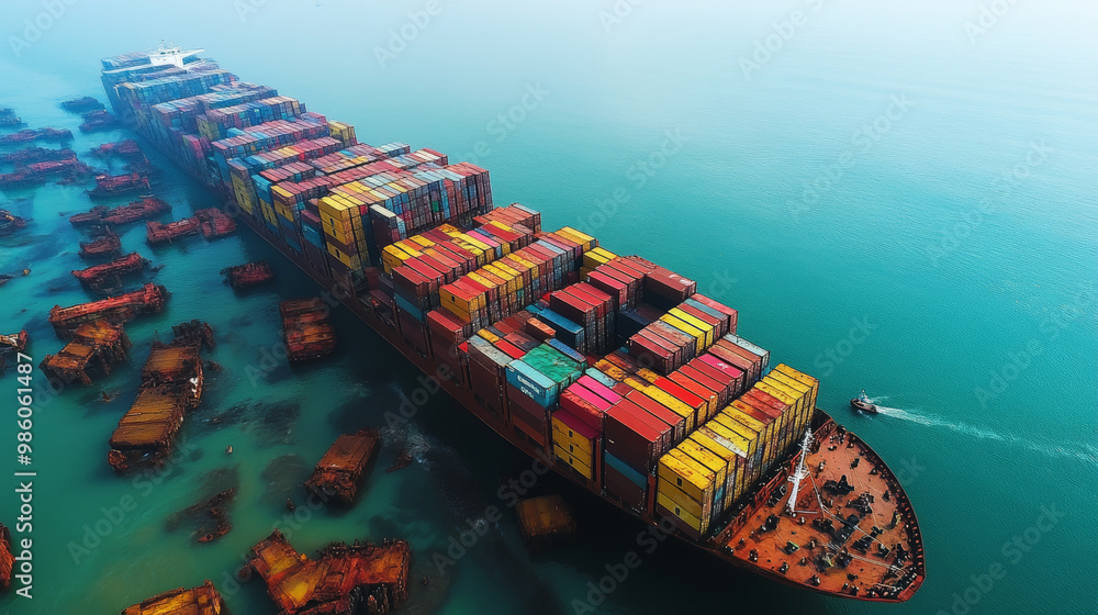 Fototapeta premium large cargo ship loaded with colorful containers is anchored in calm waters, showcasing scale of maritime trade and logistics. vibrant colors of containers contrast beautifully with serene blue of