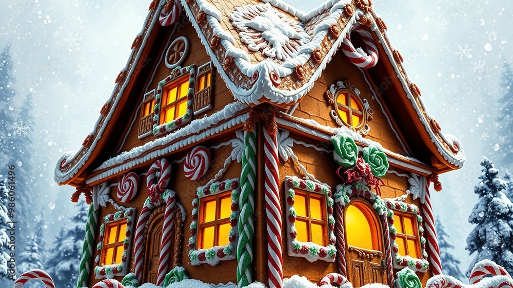 Obraz premium A traditional German-style gingerbread house stands tall, adorned with intricate icing designs and candy canes, its warm golden hue inviting and festive amidst a snowy winter wonderland backdrop.