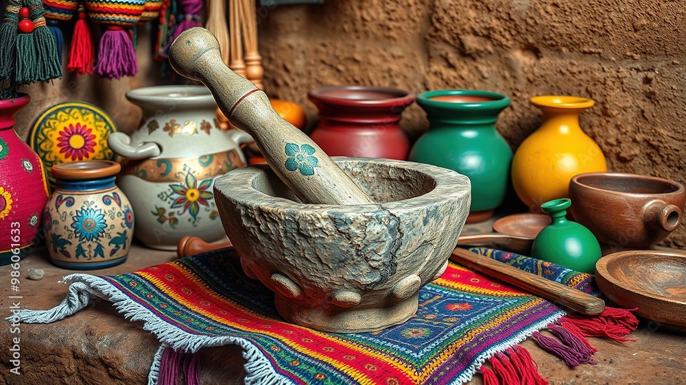 A traditional Mexican stone tool, with its Pestle and Mortar, sits atop a colorful cloth, surrounded by vibrant handicrafts and traditional cooking utensils in a rustic, earth-toned setting. A traditional Mexican stone tool, with its Pestle and Mortar, sits atop a colorful cloth, surrounded by vibrant handicrafts and traditional cooking utensils in a rustic, earth-toned setting.