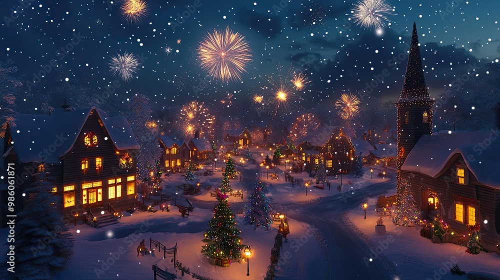 A charming winter village illuminated by festive fireworks, capturing the magic of a snowy night filled with joy and celebration. A charming winter village illuminated by festive fireworks, capturing the magic of a snowy night filled with joy and celebration.