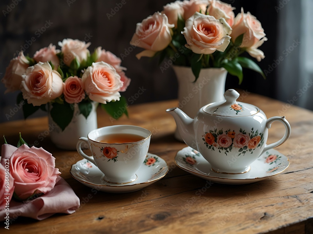 Tea served with stylish roses on a wooden table. Tea served with stylish roses on a wooden table.