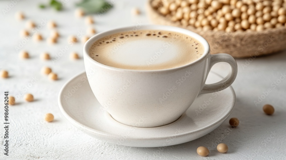 A creamy soybean milk latte with a delicate froth pattern, served in a white cup on a simple saucer, with a backdrop of soybeans and a clean surface. A creamy soybean milk latte with a delicate froth pattern, served in a white cup on a simple saucer, with a backdrop of soybeans and a clean surface.