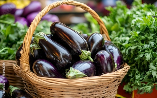 A bunch of eggplants displayed in a basket, ready for cooking photo