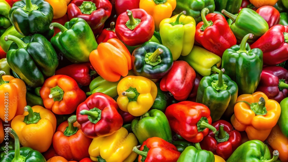 A vibrant and glossy stack of bell peppers radiates color, featuring an array of emerald, chartreuse, golden, and fiery red hues. A vibrant and glossy stack of bell peppers radiates color, featuring an array of emerald, chartreuse, golden, and fiery red hues.