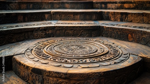 A close-up of the intricate carvings on the wooden seating of a rustic amphitheatre, with the detailed patterns and motifs reflecting the artistry of the past. The weathered surface adds a sense of