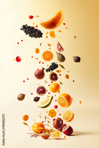 Autumn fruits and flowers flying over beige and white vibrant background. Surrealism concept. 