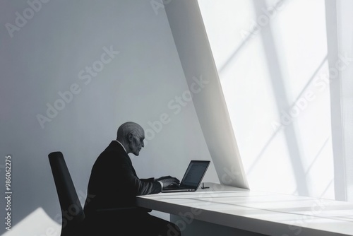 Modern Nosferatu at Work: Business Vampire on Laptop in Sunlit Office – Creative Concept for Halloween Designs photo