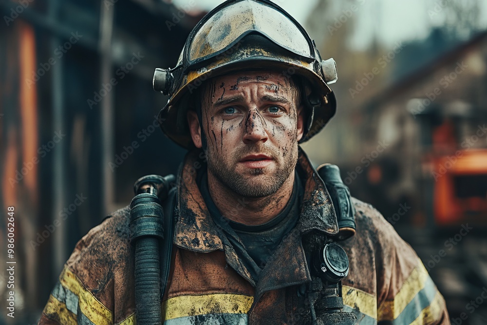 Brave Firefighter in Uniform Standing Proud and Weary, AI generated illustration Brave Firefighter in Uniform Standing Proud and Weary, AI generated illustration