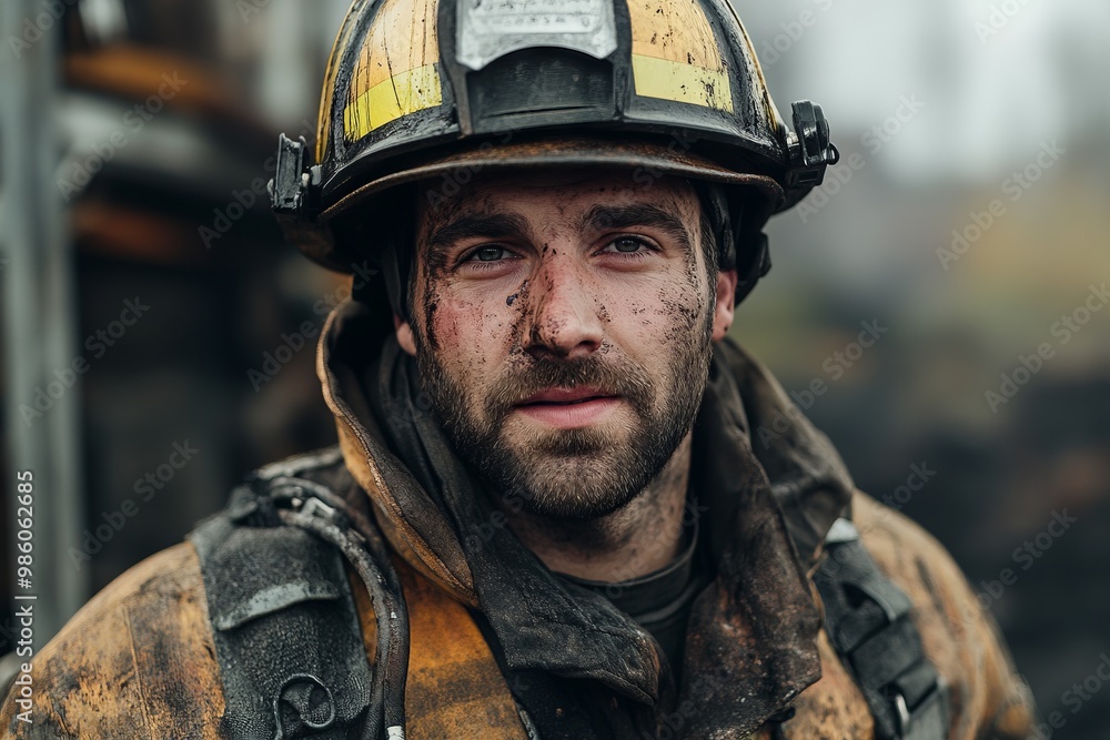 Brave Firefighter in Uniform Standing Proud and Weary, AI generated illustration Brave Firefighter in Uniform Standing Proud and Weary, AI generated illustration