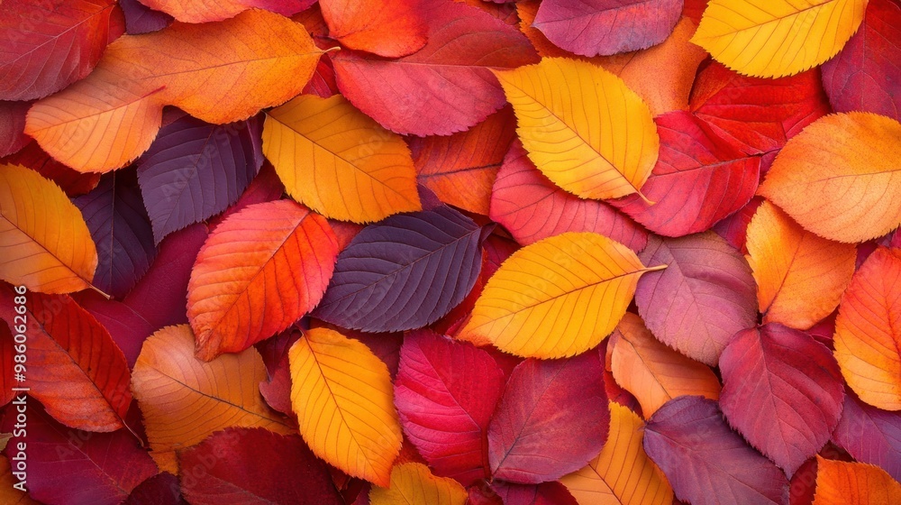 A close-up view of a pile of red, orange, and purple autumn leaves. A close-up view of a pile of red, orange, and purple autumn leaves.