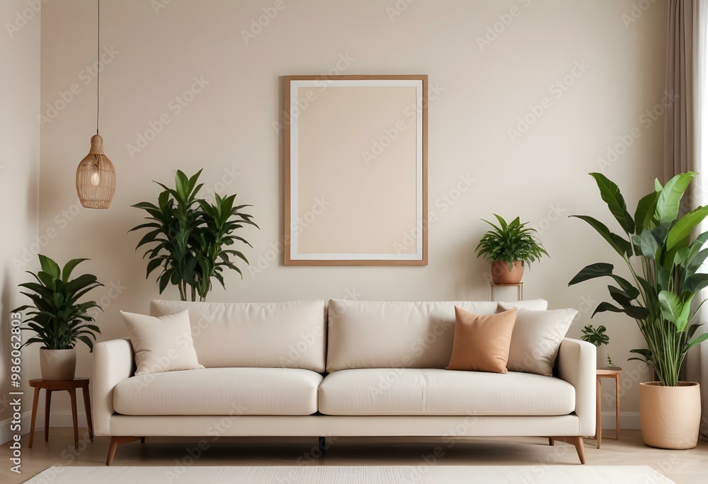 Obraz premium A modern, minimalist living room with a beige sofa, wooden frame, and decorative plants in the background.