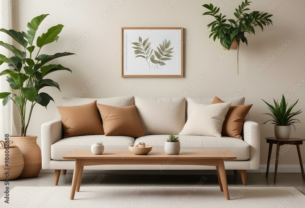 A modern, minimalist living room with a beige sofa, wooden frame, and decorative plants in the background. A modern, minimalist living room with a beige sofa, wooden frame, and decorative plants in the background.