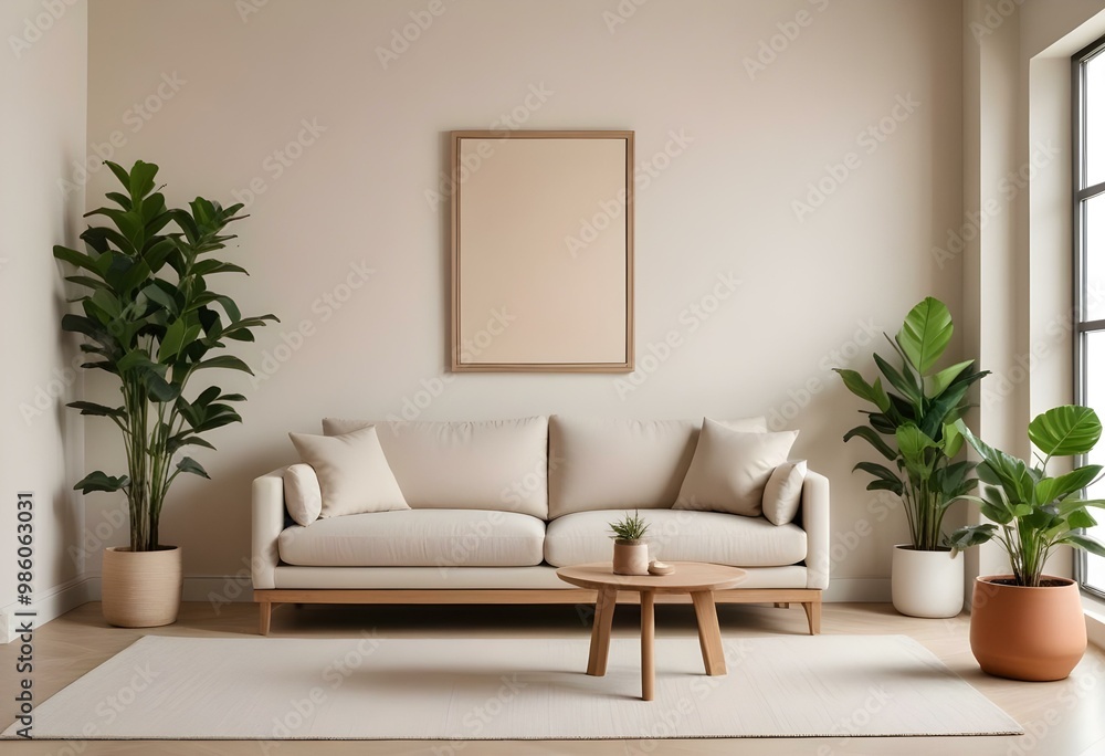 A modern, minimalist living room with a beige sofa, wooden frame, and decorative plants in the background.
