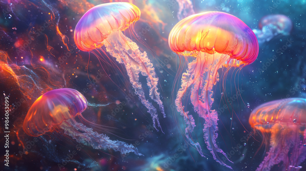 Glowing jellyfish swimming through bright, colorful underwater scene, creating mesmerizing display of light and movement. Their ethereal beauty captivates viewer Glowing jellyfish swimming through bright, colorful underwater scene, creating mesmerizing display of light and movement. Their ethereal beauty captivates viewer