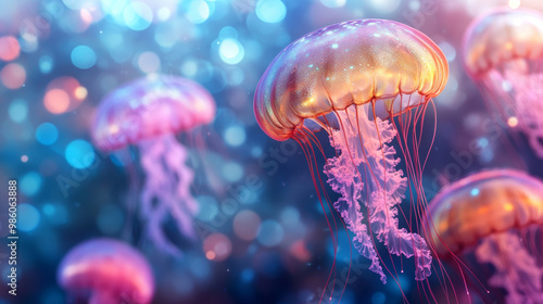 Glowing jellyfish swimming through bright, colorful underwater scene, creating mesmerizing and tranquil atmosphere. Their vibrant colors and ethereal movements captivate viewer