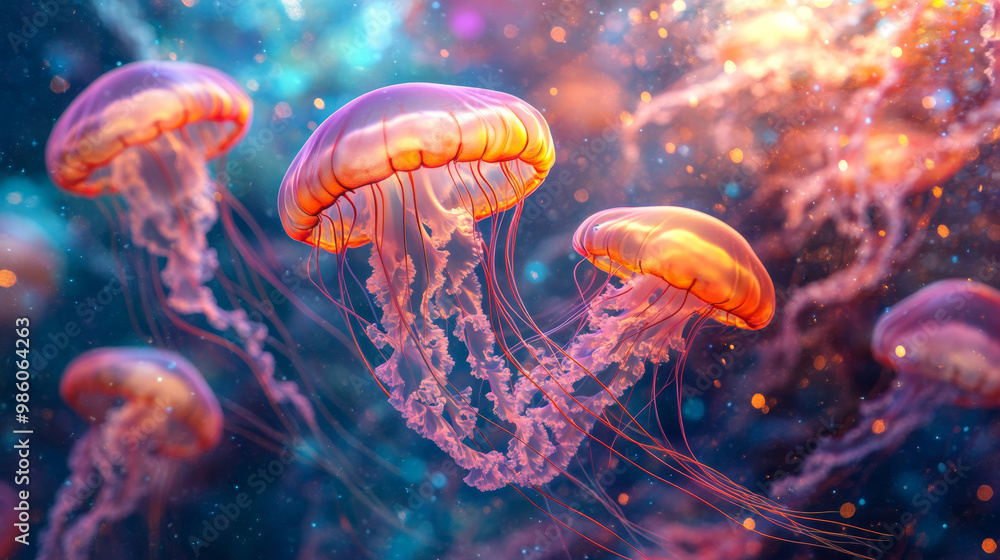 Glowing jellyfish swimming through bright, colorful underwater scene, creating mesmerizing display of light and movement. Their ethereal beauty captivates viewer Glowing jellyfish swimming through bright, colorful underwater scene, creating mesmerizing display of light and movement. Their ethereal beauty captivates viewer