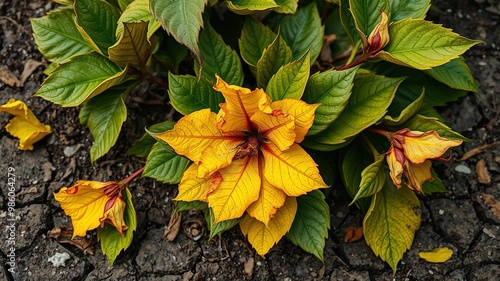 A withered and wilted oleander plant displays symptoms of disease, its once-vibrant green leaves now turned yellow and crumbling, surrounded by dry, cracked soil and scattered debris. photo