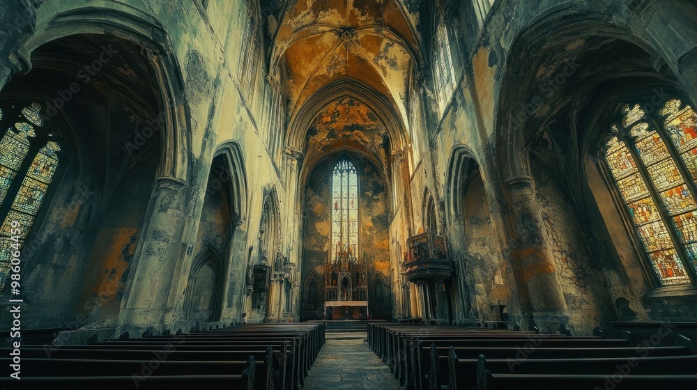Fototapeta premium Empty church pews in a weathered, historical building.