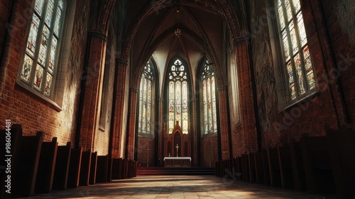 Sunbeams illuminate the aisle of an old church with stained glass windows and brick walls.