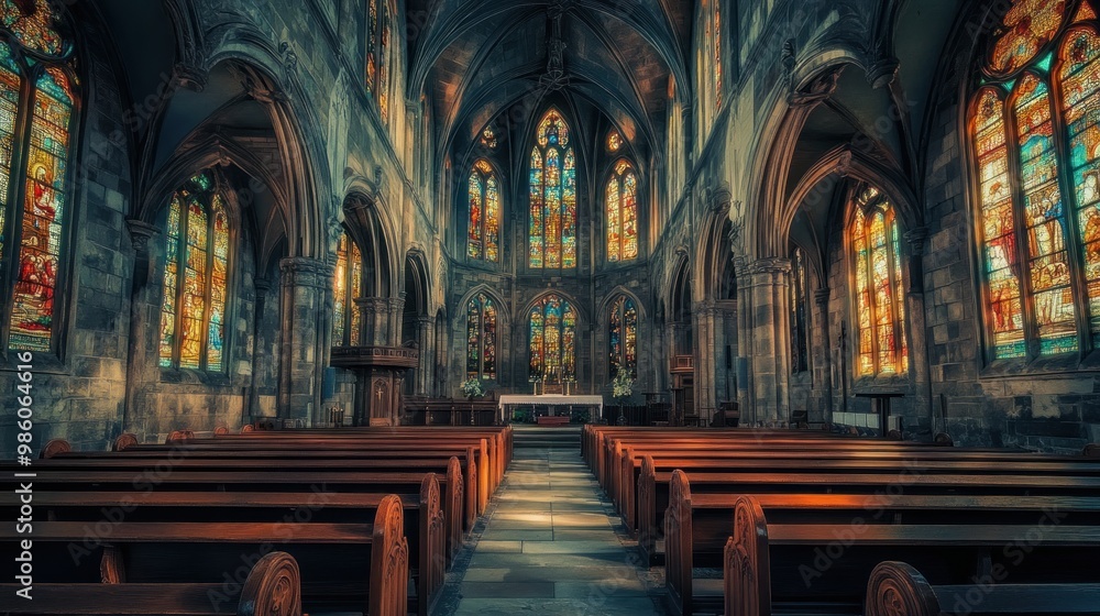 Fototapeta premium Interior of an old church with stained glass windows, a wooden pulpit, and rows of wooden pews.