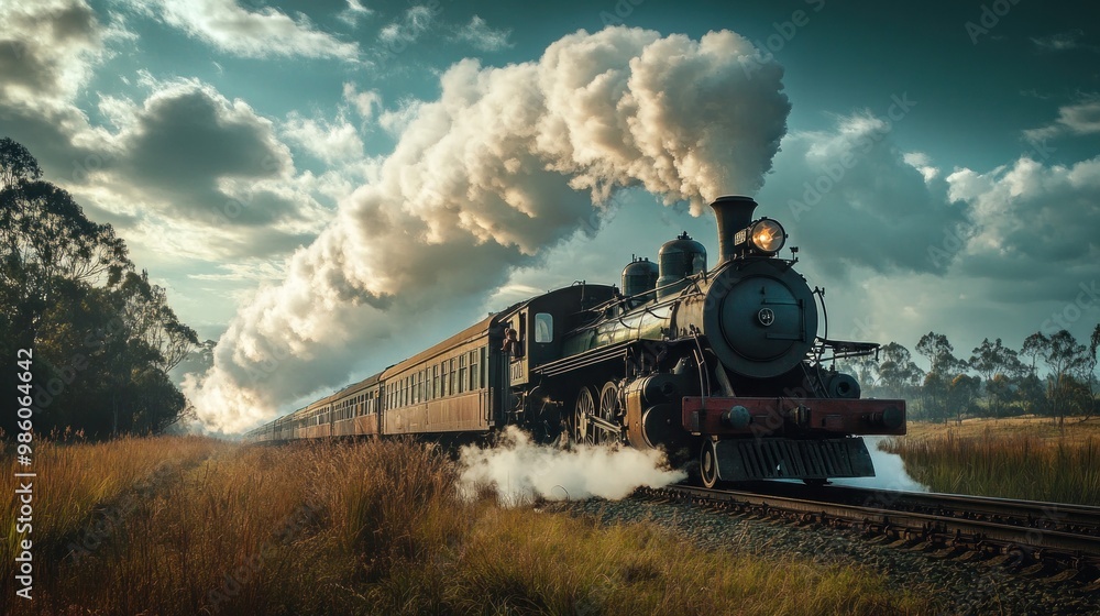 Obraz premium A steam locomotive train moving along the railway tracks through a field of grass on a partly cloudy day.