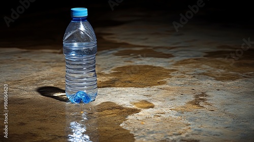 A single plastic water bottle stands upright on a textured surface with subtle hints of light reflecting off the water inside and the surrounding environment