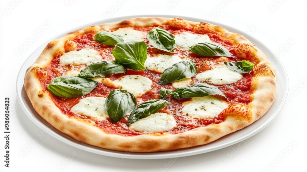 A delicious margherita pizza with fresh mozzarella, basil leaves, and a vibrant tomato sauce, presented on a white plate against a simple white backdrop. A delicious margherita pizza with fresh mozzarella, basil leaves, and a vibrant tomato sauce, presented on a white plate against a simple white backdrop.