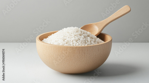 Freshly harvested rice in wooden bowl with wooden spoon, showcasing its natural texture and simplicity.