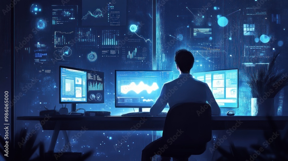 A person sits in front of multiple computer screens with data displayed on them in a dark room. A person sits in front of multiple computer screens with data displayed on them in a dark room.