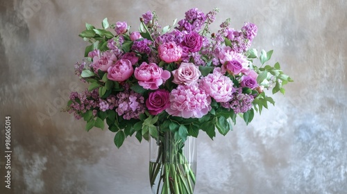 Fototapeta Naklejka Na Ścianę i Meble -  Gorgeous pink peonies and lilac eustoma roses in a tall glass vase. Lush green leaves add to the freshness of this spring floral arrangement
