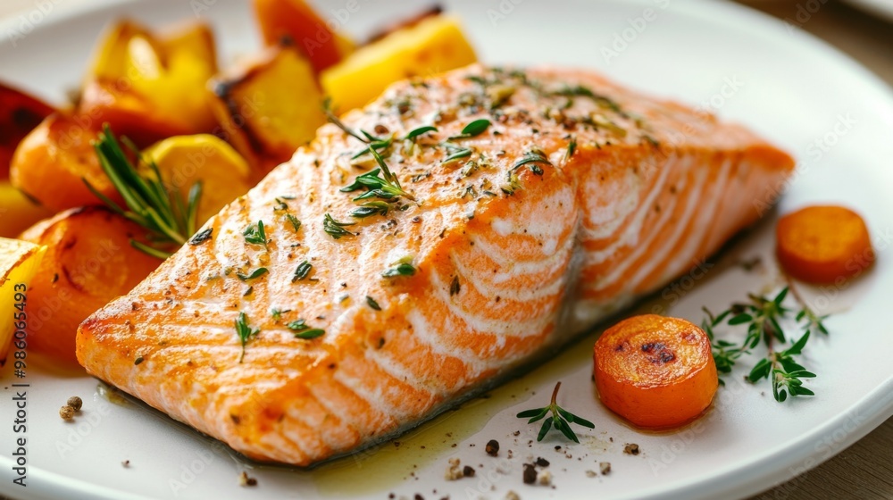A delicious salmon fillet baked with herbs and spices, served with a side of roasted vegetables, presented on a white ceramic plate for a clean, elegant presentation. A delicious salmon fillet baked with herbs and spices, served with a side of roasted vegetables, presented on a white ceramic plate for a clean, elegant presentation.