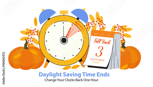 Fall Back or Daylight Saving Time Ends concept banner. Schedule with Alarm Clock turning back on hour and calendar showing date - 3 November, Sunday 2024. DST information poster with pumpkins
